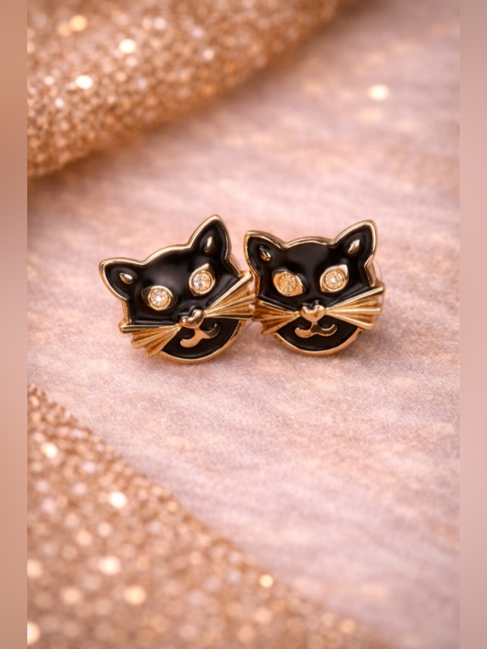 AVON Black and Gold Cat Earrings w/ Rhinestones for Eyes Animal Inspired Cute
